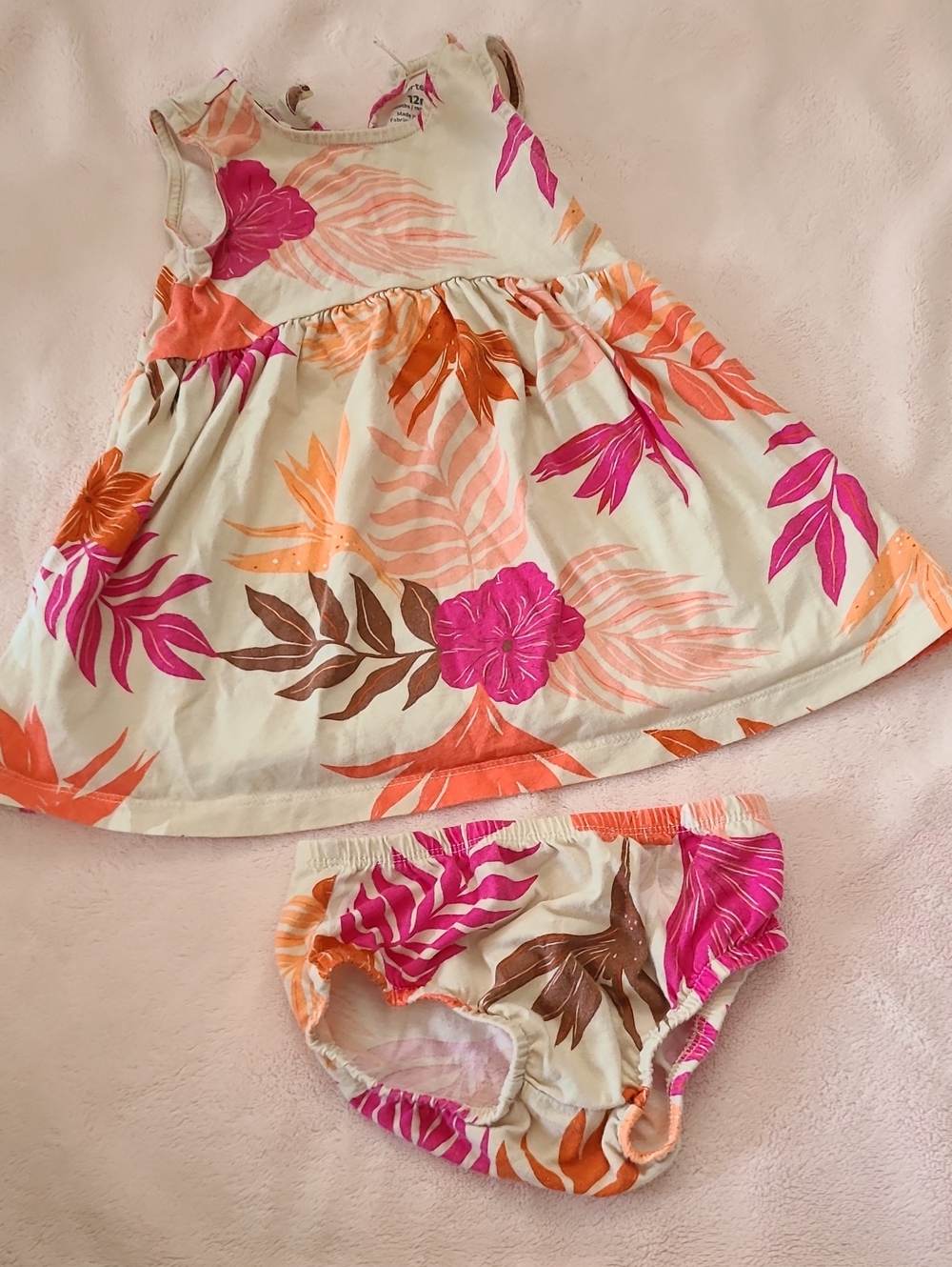 Girls Floral Tropical Dress & Bloomers - Cream/Pink/Orange